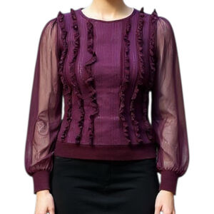 White House Black Market Ruffle Front Knit Blouse, S, Burgundy Sheer